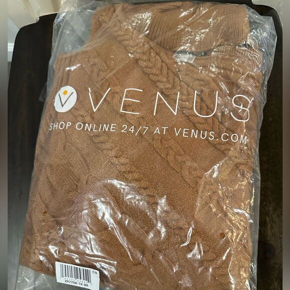 Venus One-Shoulder Turtleneck Size 1X Brown Chunky Knit Dolman Sleeves NWT - Picture 2 of 3